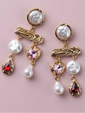 Sweetheart Gem Drop Earrings with Pink Heart and Red Teardrop